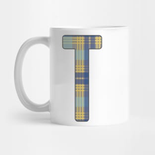 Monogram Letter T, Blue, Yellow and Grey Scottish Tartan Style Typography Design Mug